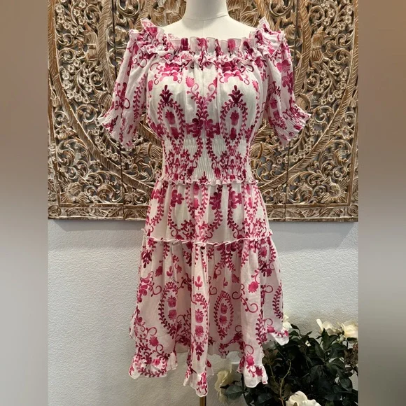 Luisa Positano Giorgio Mini Dress White & Pink Linen Amalfi Coast Italy Inspired - Picture 3 of 16